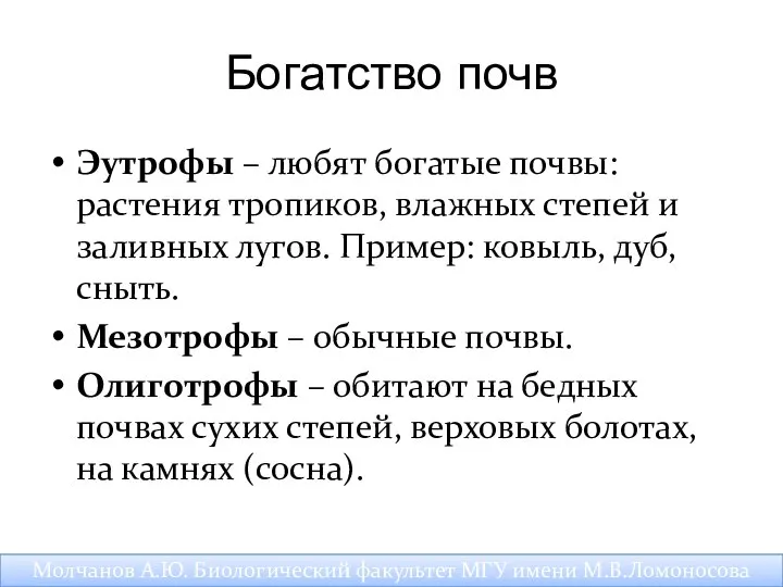 Богатство почв Эутрофы – любят богатые почвы: растения тропиков, влажных степей