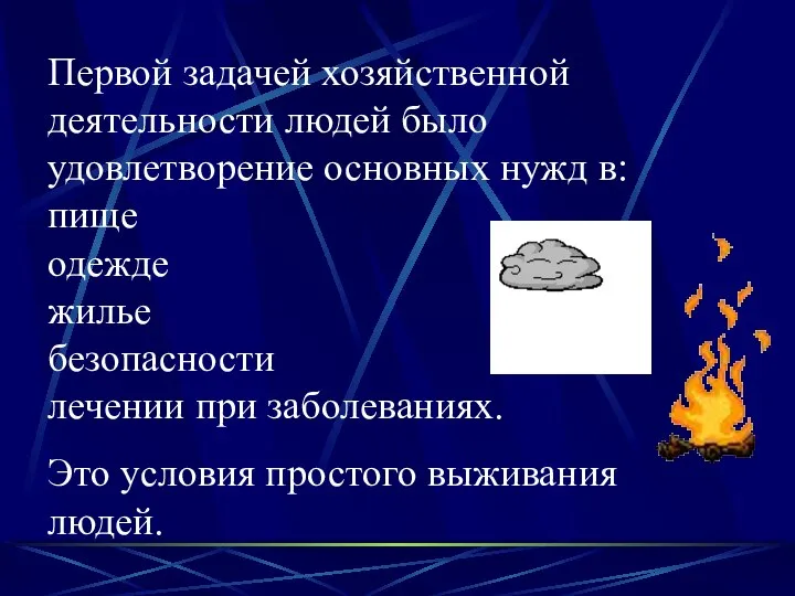 Первой задачей хозяйственной деятельности людей было удовлетворение основных нужд в: пище