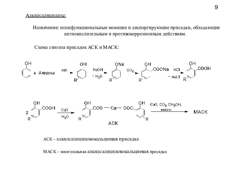 Алкилсалицилаты: 9 Назначение: полифункциональные моющие и диспергирующие присадки, обладающие антиокислительным и