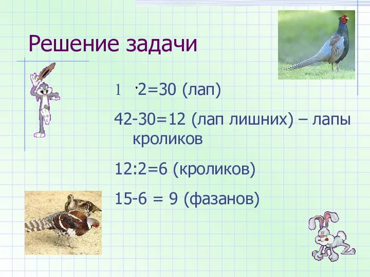 Решение задачи 2=30 (лап) 42-30=12 (лап лишних) – лапы кроликов 12:2=6 (кроликов) 15-6 = 9 (фазанов)