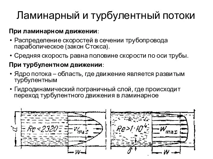 Ламинарный и турбулентный потоки При ламинарном движении: Распределение скоростей в сечении