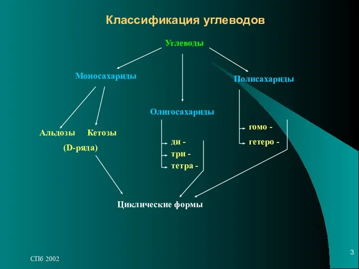 СПб 2002 Классификация углеводов Углеводы Моносахариды Полисахариды Олигосахариды Альдозы Кетозы (D-ряда)