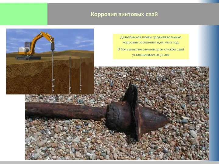 Коррозия винтовых свай Для обычной почвы средняя величина коррозии составляет 0,03