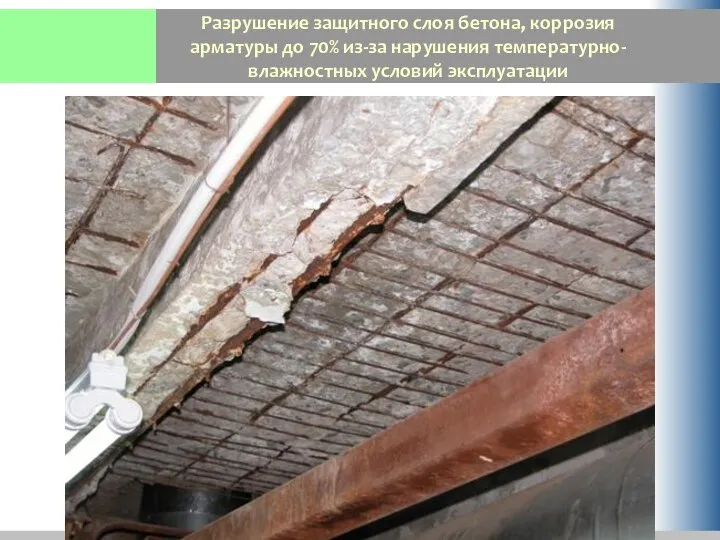 Разрушение защитного слоя бетона, коррозия арматуры до 70% из-за нарушения температурно-влажностных условий эксплуатации