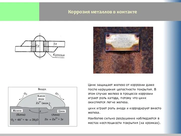 Коррозия металлов в контакте Цинк защищает железо от коррозии даже после