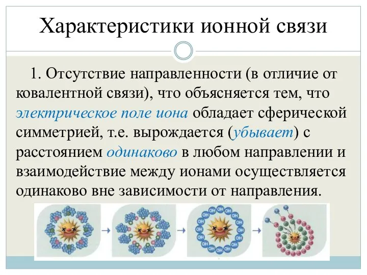 Характеристики ионной связи 1. Отсутствие направленности (в отличие от ковалентной связи),