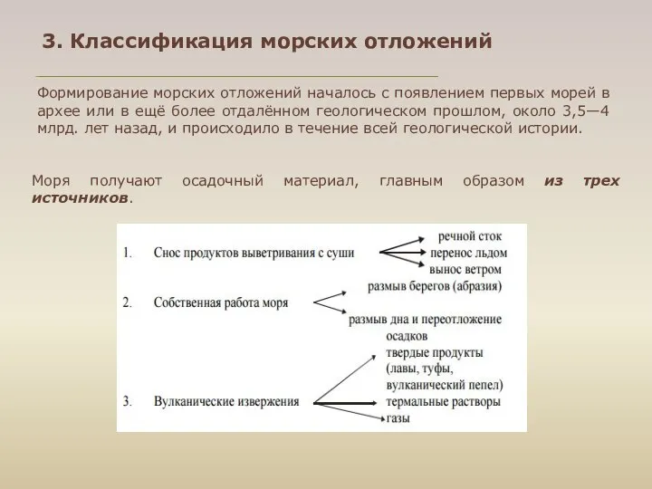 3. Классификация морских отложений Моря получают осадочный материал, главным образом из