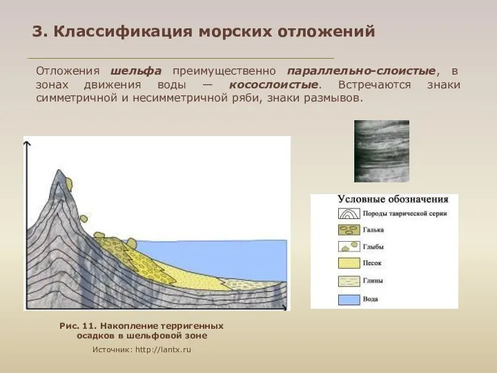 3. Классификация морских отложений Рис. 11. Накопление терригенных осадков в шельфовой