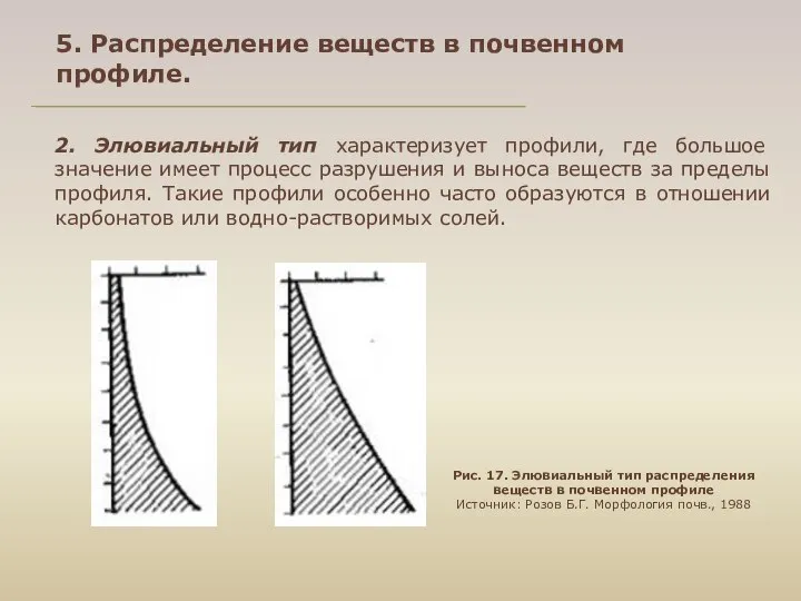 5. Распределение веществ в почвенном профиле. 2. Элювиальный тип характеризует профили,