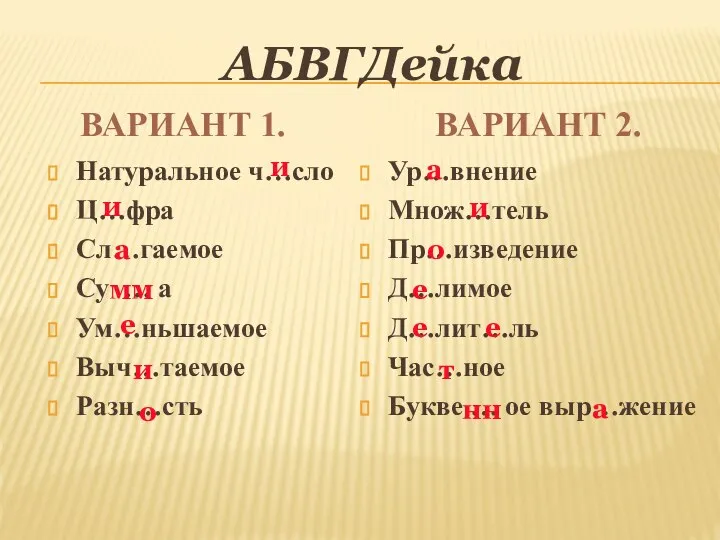 АБВГДейка Натуральное ч…сло Ц…фра Сл…гаемое Су … а Ум…ньшаемое Выч…таемое Разн…сть