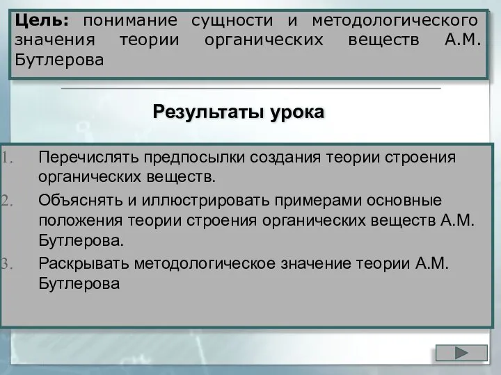 Цель: понимание сущности и методологического значения теории органических веществ А.М. Бутлерова