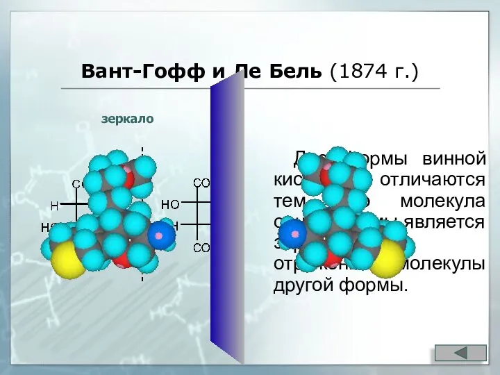 Вант-Гофф и Ле Бель (1874 г.) Две формы винной кислоты отличаются