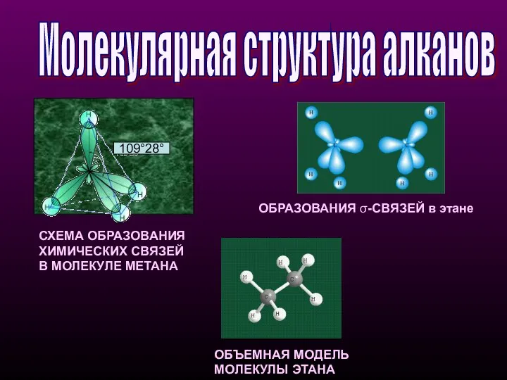 Молекулярная структура алканов СХЕМА ОБРАЗОВАНИЯ ХИМИЧЕСКИХ СВЯЗЕЙ В МОЛЕКУЛЕ МЕТАНА ОБЪЕМНАЯ