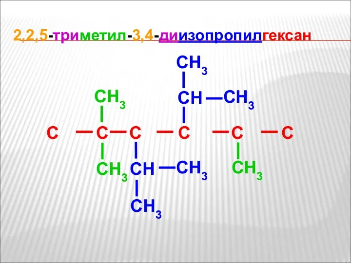 2,2,5-триметил-3,4-диизопропилгексан C C C C C C CH3 CH3 CН CH3 CH3 CH3 CН CH3 CH3