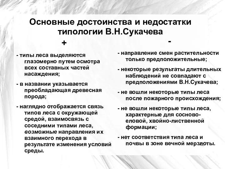 Основные достоинства и недостатки типологии В.Н.Сукачева + - типы леса выделяются