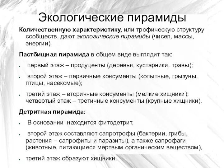 Экологические пирамиды Количественную характеристику, или трофическую структуру сообществ, дают экологические пирамиды