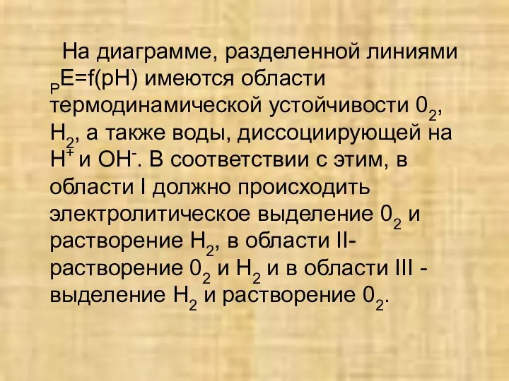 На диаграмме, разделенной линиями PE=f(pH) имеются области термодинамической устойчивости 02, Н2,