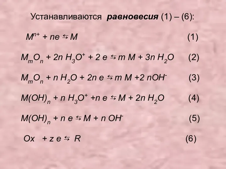 Устанавливаются равновесия (1) – (6): Mn+ + ne ⇆ M (1)