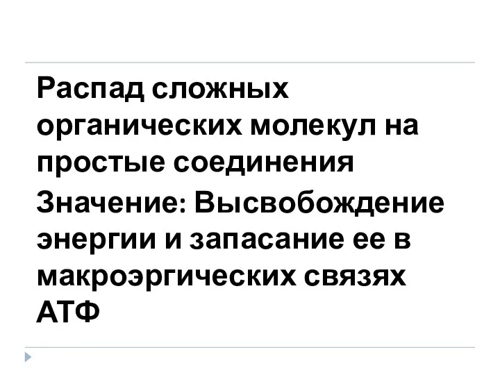 Распад сложных органических молекул на простые соединения Значение: Высвобождение энергии и