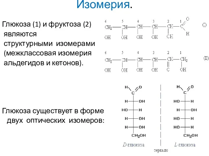 Изомерия. Глюкоза (1) и фруктоза (2) являются структурными изомерами (межклассовая изомерия