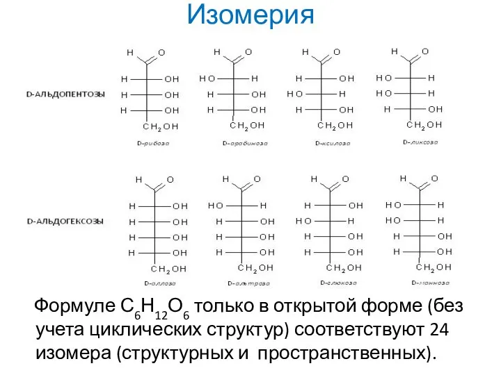 Изомерия Формуле С6Н12О6 только в открытой форме (без учета циклических структур)