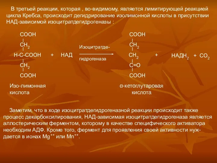 В третьей реакции, которая , во-видимому, является лимитирующей реакцией цикла Кребса,