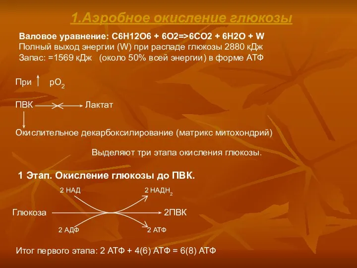 1.Аэробное окисление глюкозы Валовое уравнение: C6H12O6 + 6O2=>6CO2 + 6H2O +