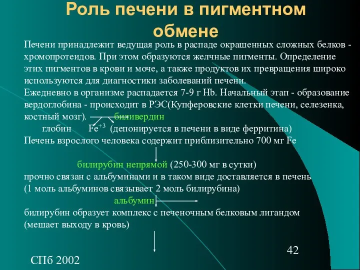 СПб 2002 Роль печени в пигментном обмене Печени принадлежит ведущая роль