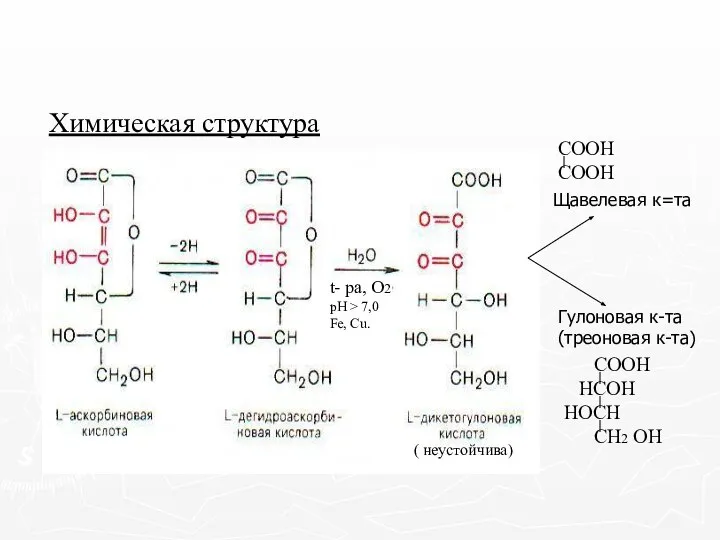 Химическая структура Щавелевая к=та Гулоновая к-та (треоновая к-та) t- ра, О2