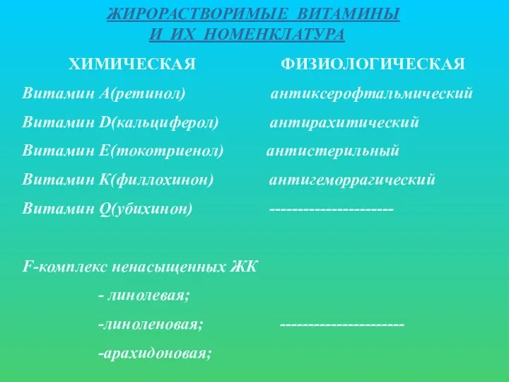 ЖИРОРАСТВОРИМЫЕ ВИТАМИНЫ И ИХ НОМЕНКЛАТУРА ХИМИЧЕСКАЯ ФИЗИОЛОГИЧЕСКАЯ Витамин А(ретинол) антиксерофтальмический Витамин