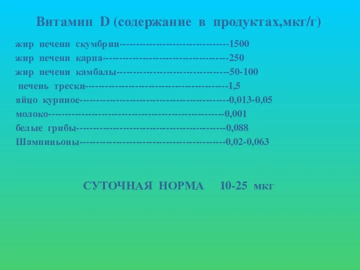 Витамин D (содержание в продуктах,мкг/г) жир печени скумбрии---------------------------------1500 жир печени карпа--------------------------------------250