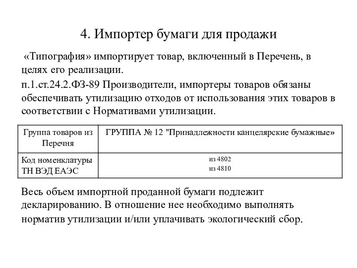 4. Импортер бумаги для продажи «Типография» импортирует товар, включенный в Перечень,