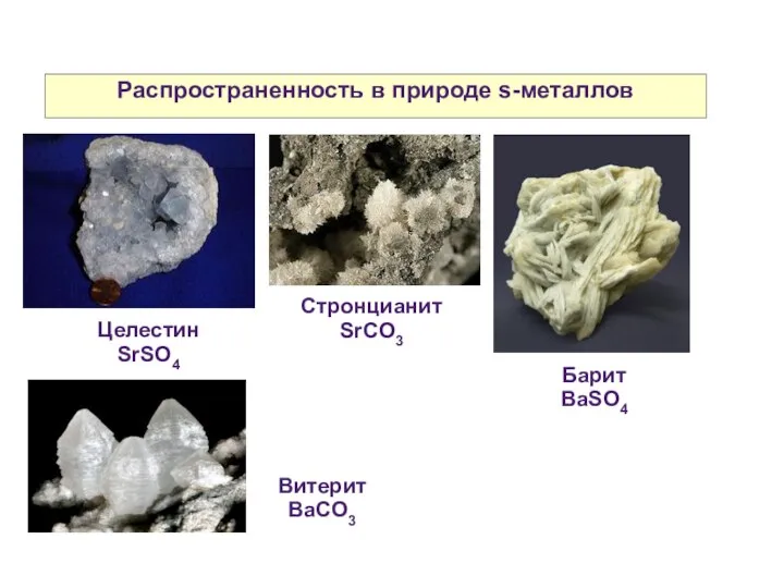 Распространенность в природе s-металлов Целестин SrSO4 Барит ВaSO4 Стронцианит SrCO3 Витерит ВaСO3