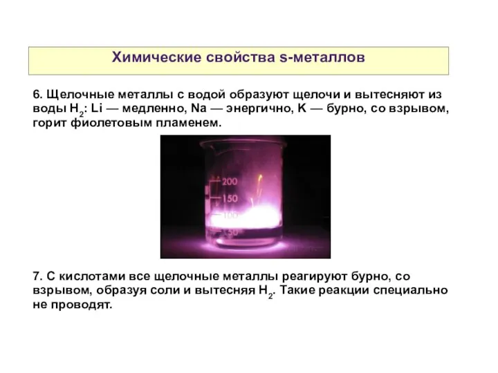 Химические свойства s-металлов 6. Щелочные металлы с водой образуют щелочи и