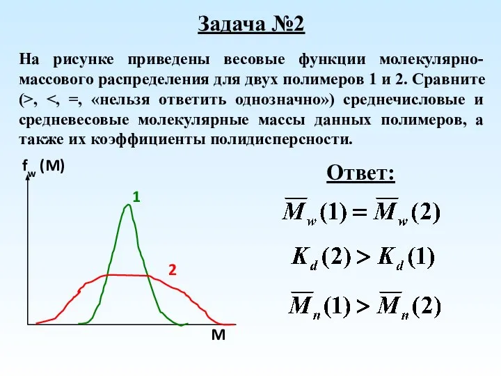 Задача №2 На рисунке приведены весовые функции молекулярно-массового распределения для двух