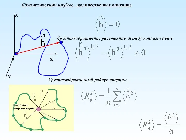 Статистический клубок – количественное описание Среднеквадратичное расстояние между концами цепи Среднеквадратичный радиус инерции