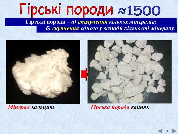 б) скупчення одного у великій кількості мінералу. ≈1500 Гірські породи –