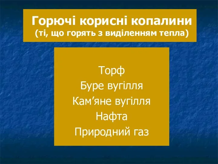 Горючі корисні копалини (ті, що горять з виділенням тепла) Торф Буре