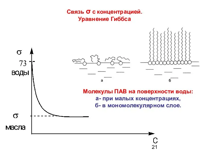 Связь σ с концентрацией. Уравнение Гиббса Молекулы ПАВ на поверхности воды: