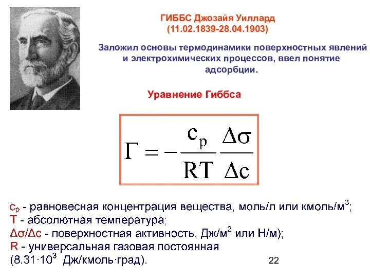 Уравнение Гиббса ГИББС Джозайя Уиллард (11.02.1839-28.04.1903) Заложил основы термодинамики поверхностных явлений