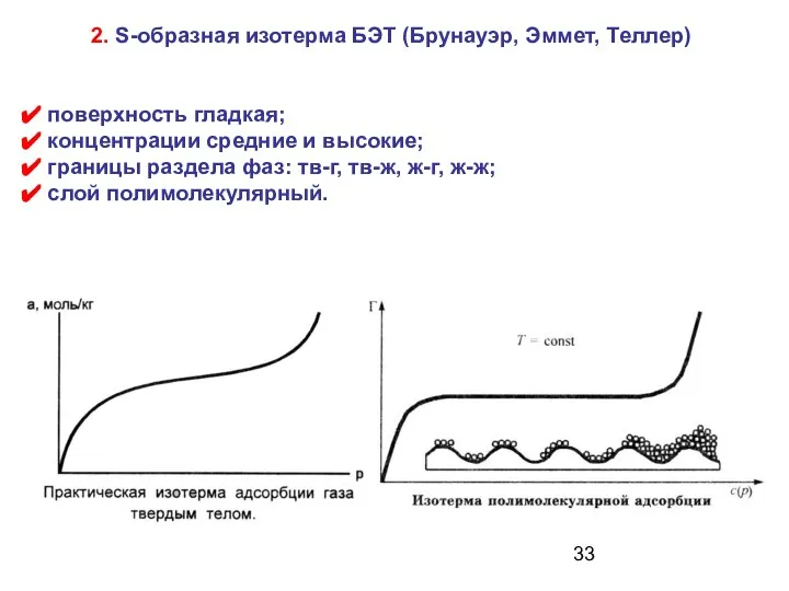 2. S-образная изотерма БЭТ (Брунауэр, Эммет, Теллер) поверхность гладкая; концентрации средние