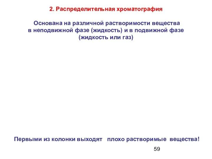 2. Распределительная хроматография Основана на различной растворимости вещества в неподвижной фазе