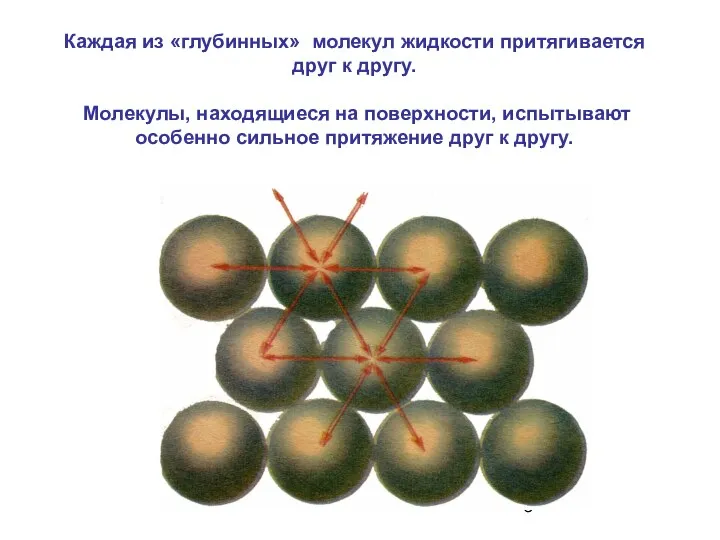 Каждая из «глубинных» молекул жидкости притягивается друг к другу. Молекулы, находящиеся