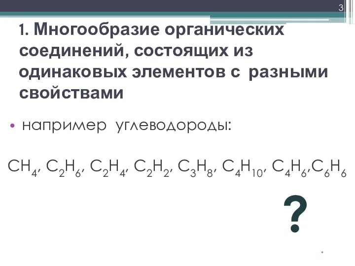 1. Многообразие органических соединений, состоящих из одинаковых элементов с разными свойствами