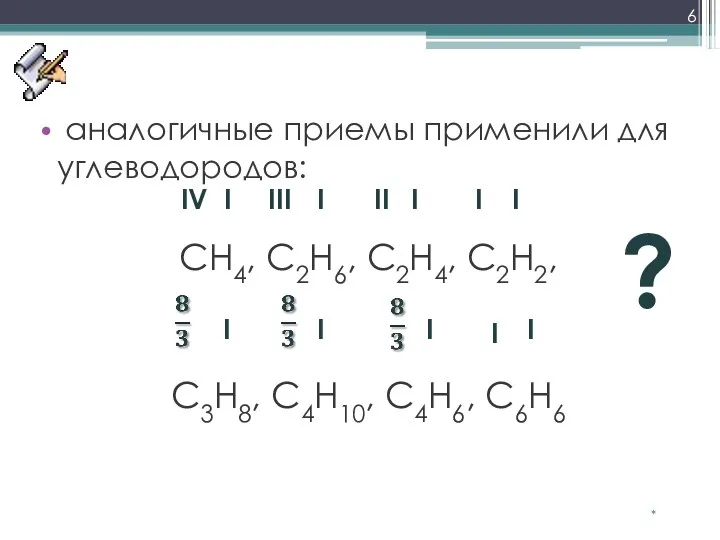 аналогичные приемы применили для углеводородов: CH4, C2H6, C2H4, C2H2, C3H8, C4H10,