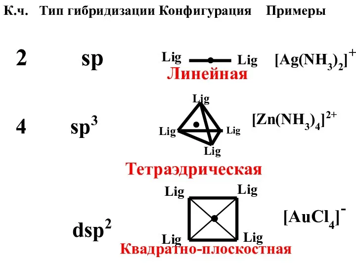 К.ч. Тип гибридизации Конфигурация Примеры 2 sp Lig Lig ● [Ag(NH3)2]+