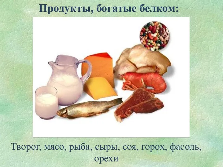 Продукты, богатые белком: Творог, мясо, рыба, сыры, соя, горох, фасоль, орехи