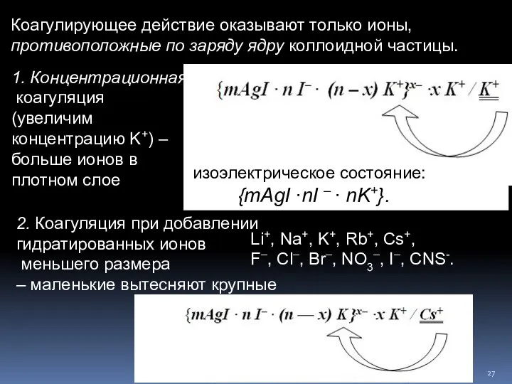 (изоэлектрическое состояние: {mAgI ∙nI – ∙ nK+}. Li+, Na+, K+, Rb+,