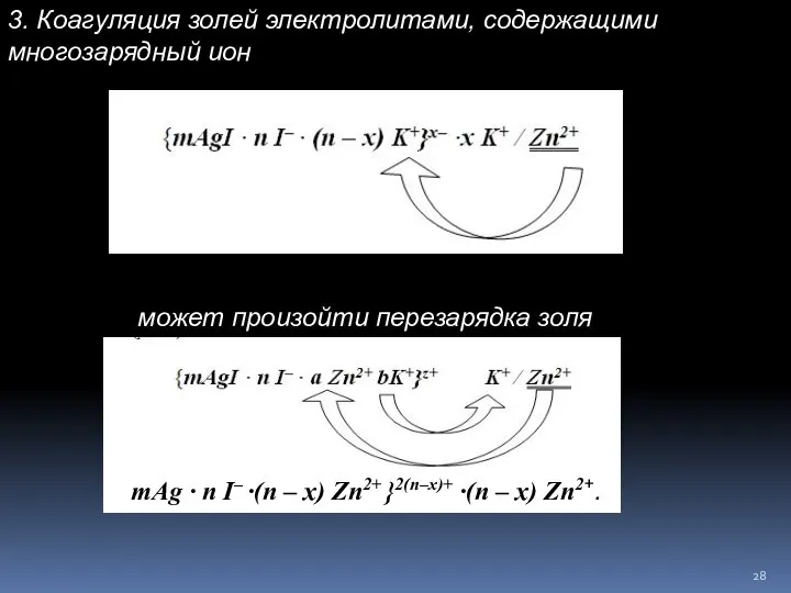 3. Коагуляция золей электролитами, содержащими многозарядный ион может произойти перезарядка золя