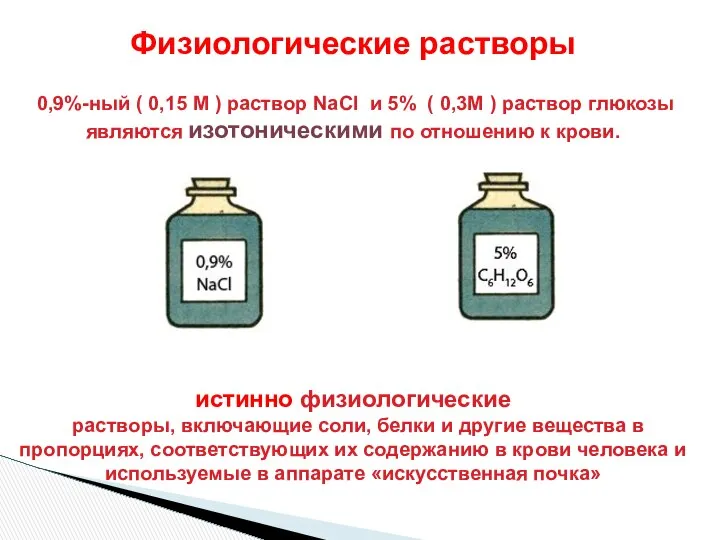 Физиологические растворы 0,9%-ный ( 0,15 М ) раствор NаСl и 5%